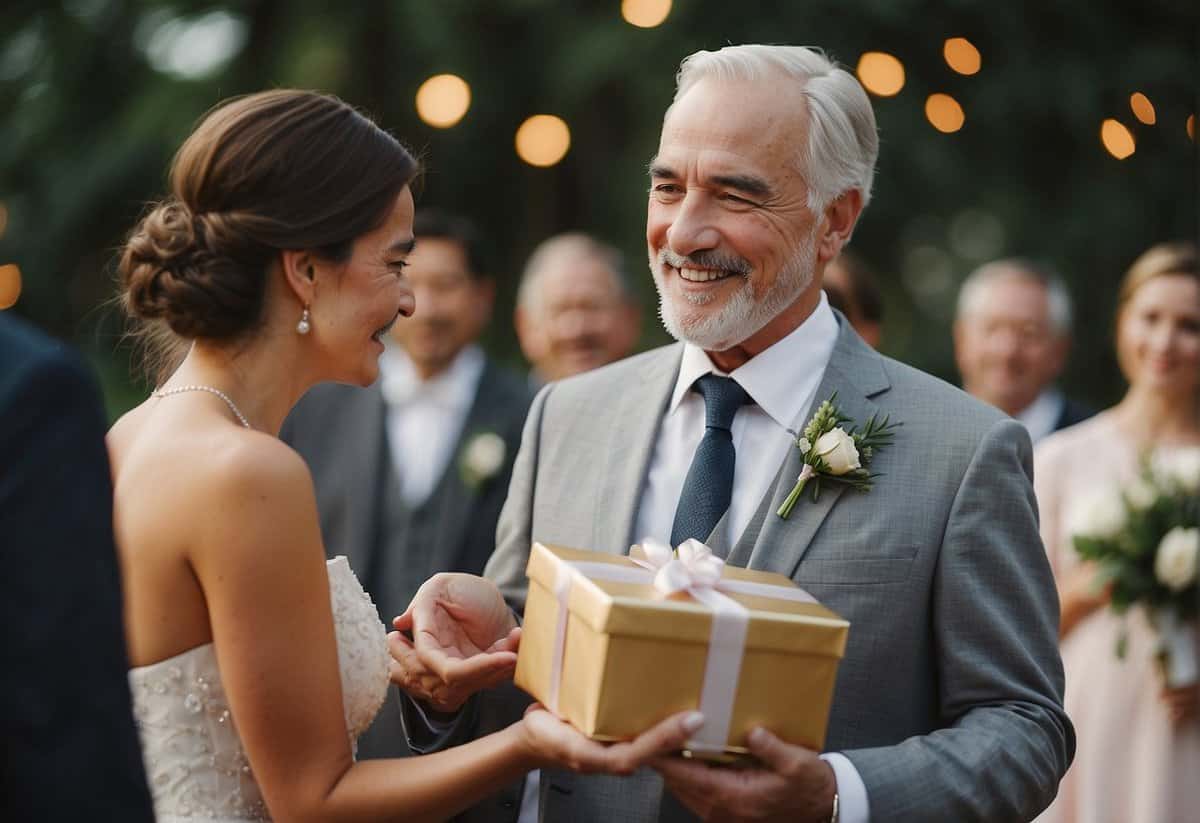 The father of the groom receives a gift at the wedding