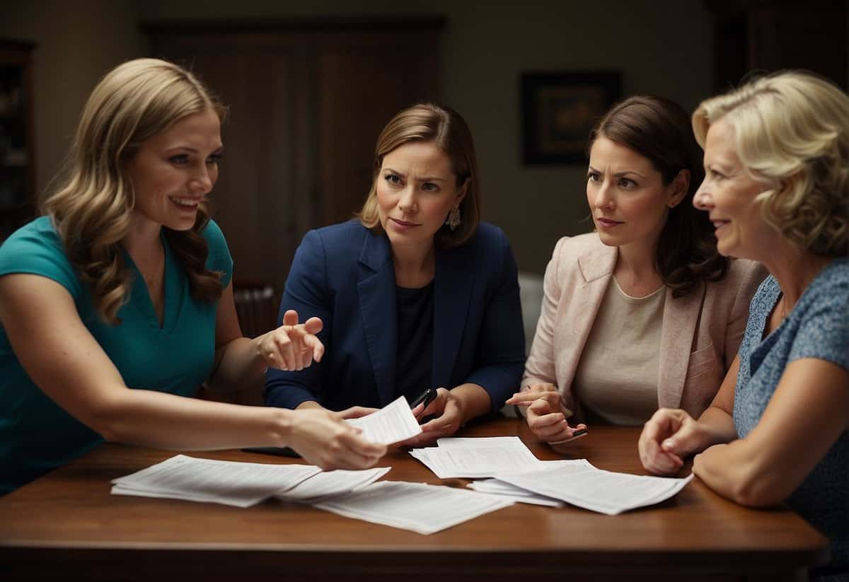 A group of women gather around a table, discussing finances and etiquette. One woman gestures towards a pile of bills and a bridal shower invitation, while the others look on with concern and uncertainty