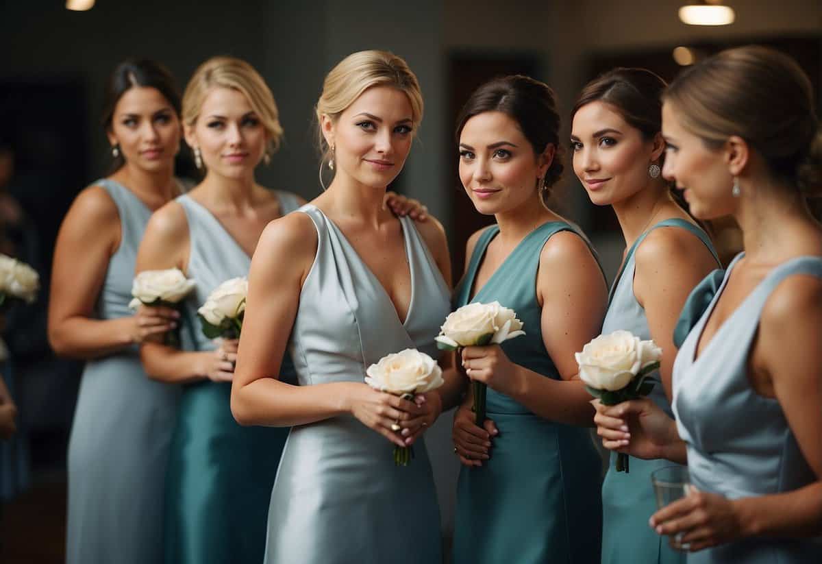 Bridesmaids gather, one holds a bill. Others look unsure. Tension fills the room