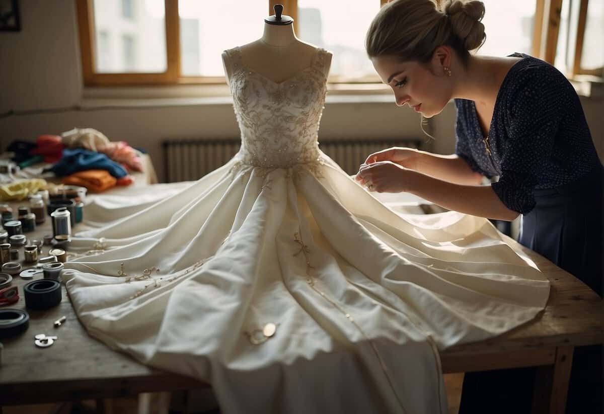 A seamstress measures a wedding dress with a tape measure, surrounded by pins, needles, and sewing supplies on a worktable