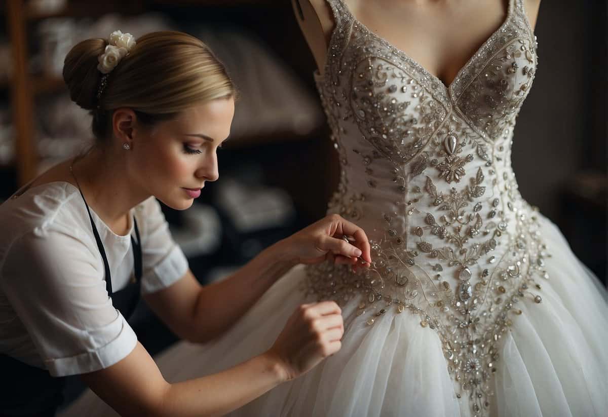 A seamstress carefully measures a wedding dress on a mannequin, surrounded by pins, needles, and spools of thread