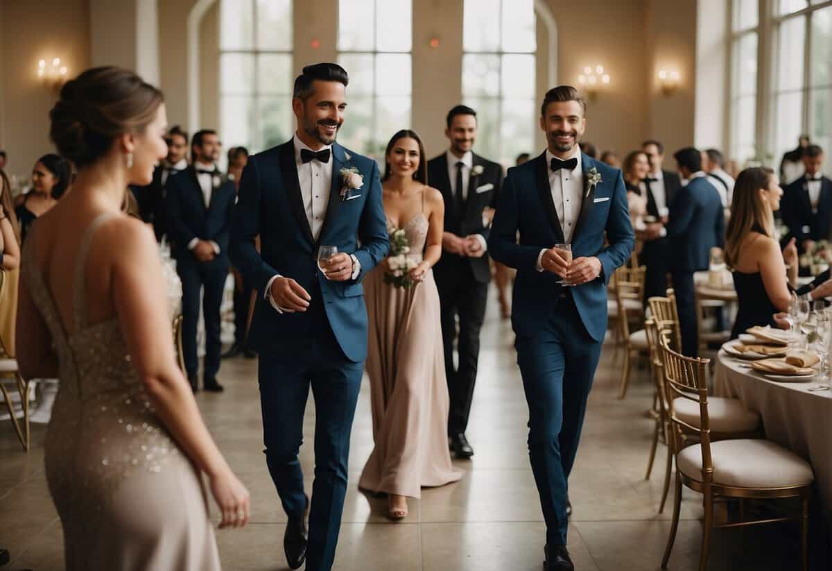 Guests in elegant attire mingle at a wedding venue, with men in suits and women in formal dresses, adding a touch of sophistication to the celebratory atmosphere