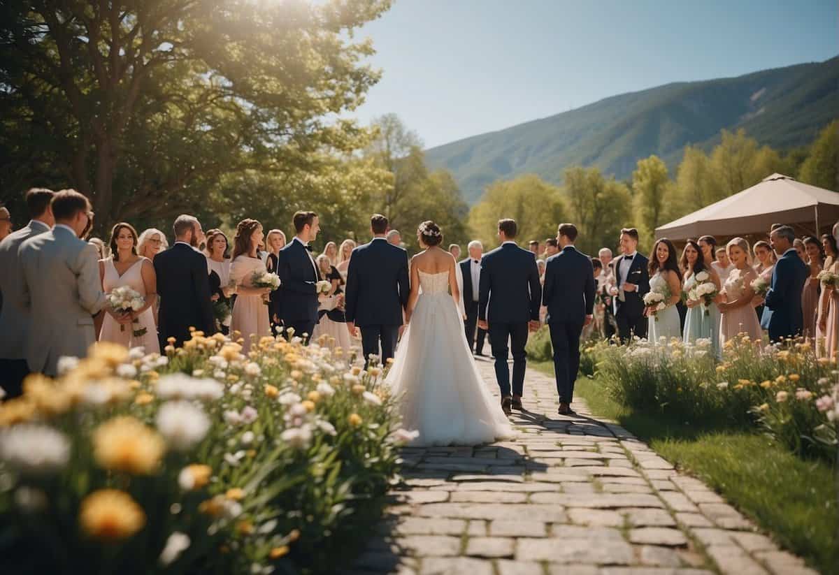 A sunny outdoor wedding venue with guests in formal attire. Spring flowers in bloom, with a light breeze