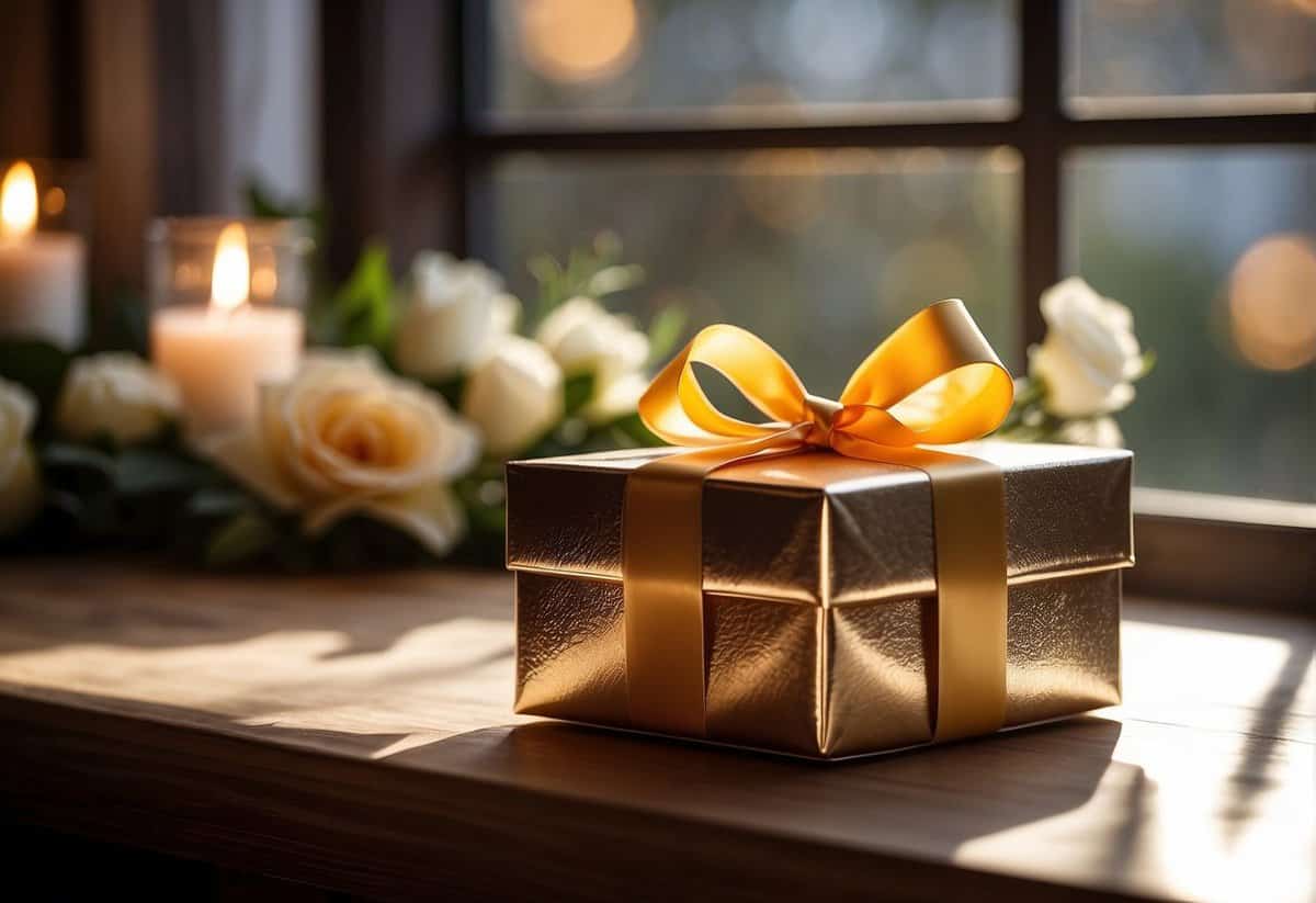 A gift box with a ribbon sits on a table, surrounded by wedding decorations. The sunlight streams in through a window, casting a warm glow on the scene