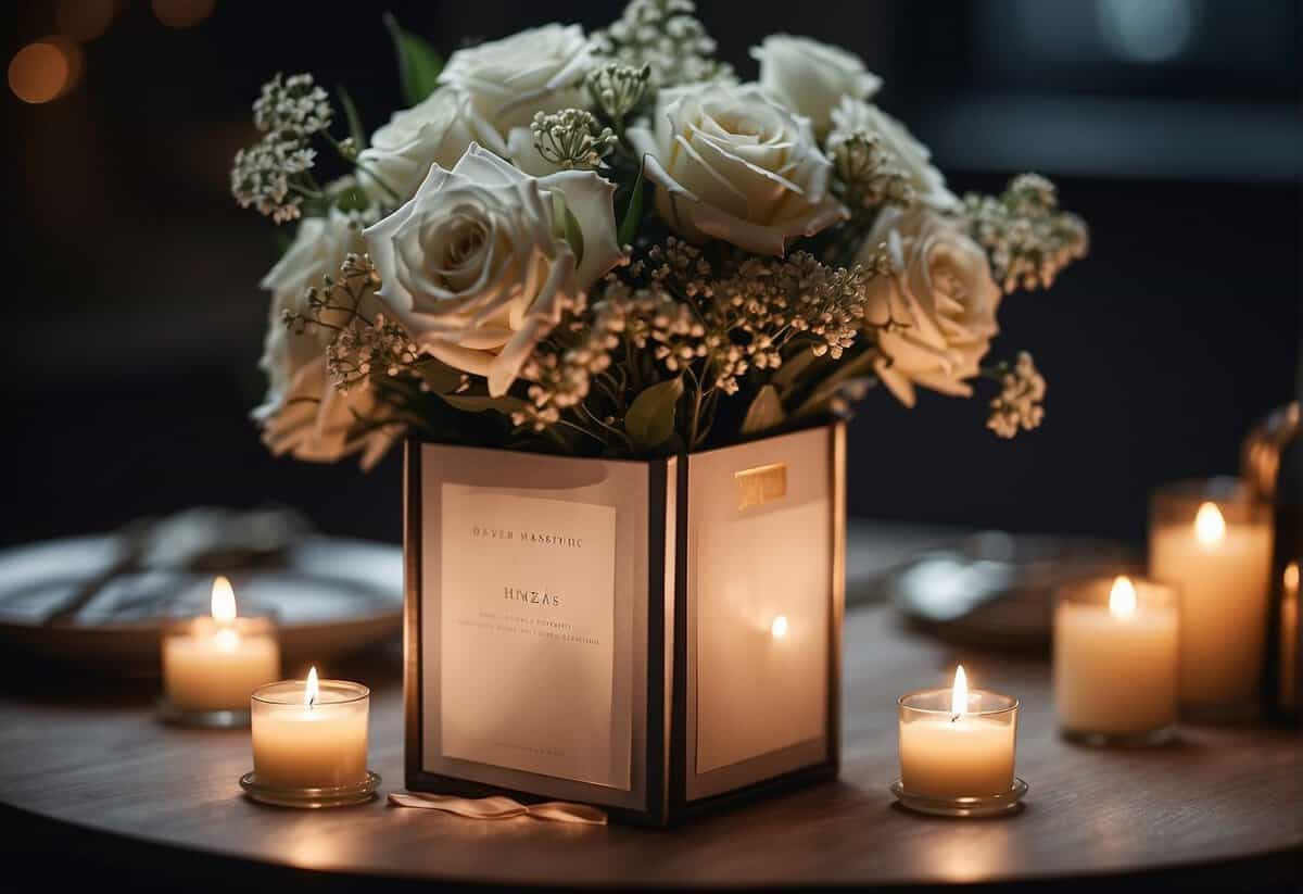 An elegant wedding gift sits unopened on a table, surrounded by wilted flowers and flickering candlelight, hinting at the passage of time