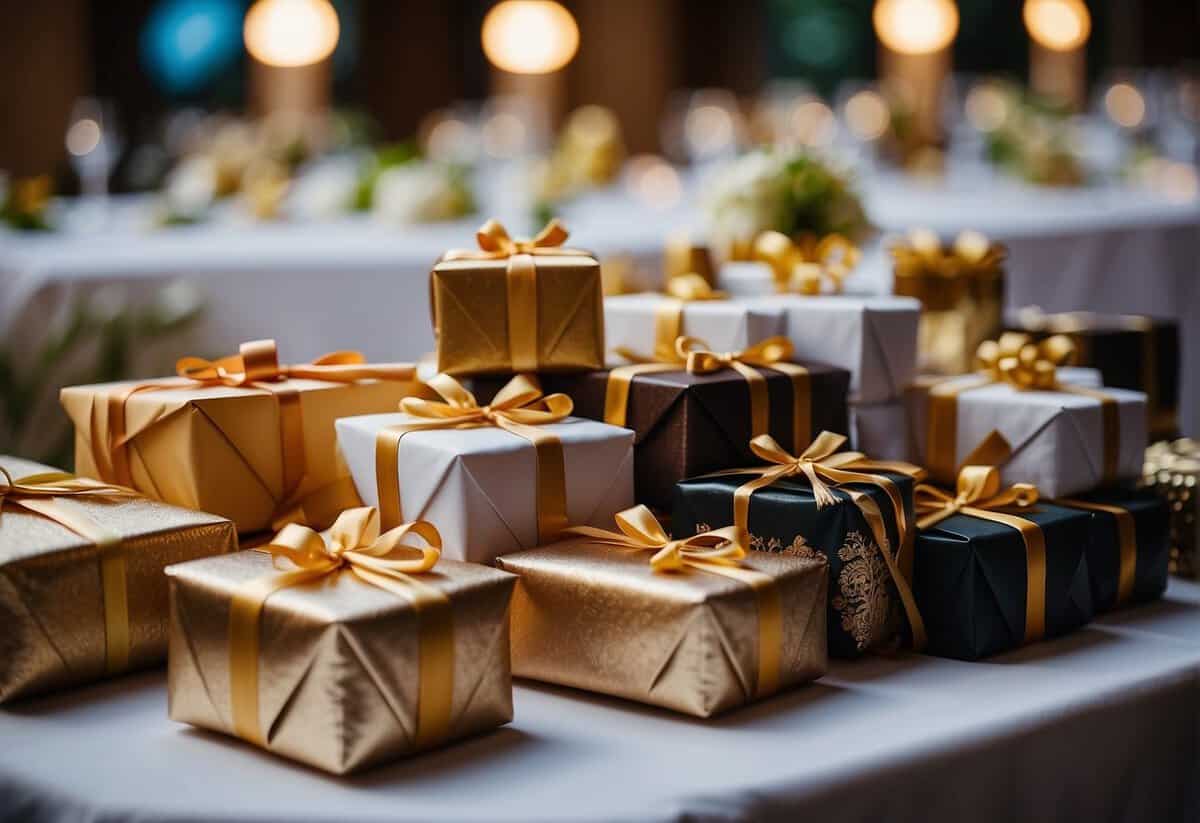 Gifts displayed on a table at a wedding reception