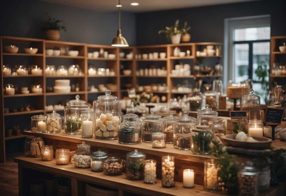 Guests selecting gifts from a wedding registry, shelves lined with kitchenware and home goods, a display of wish list items