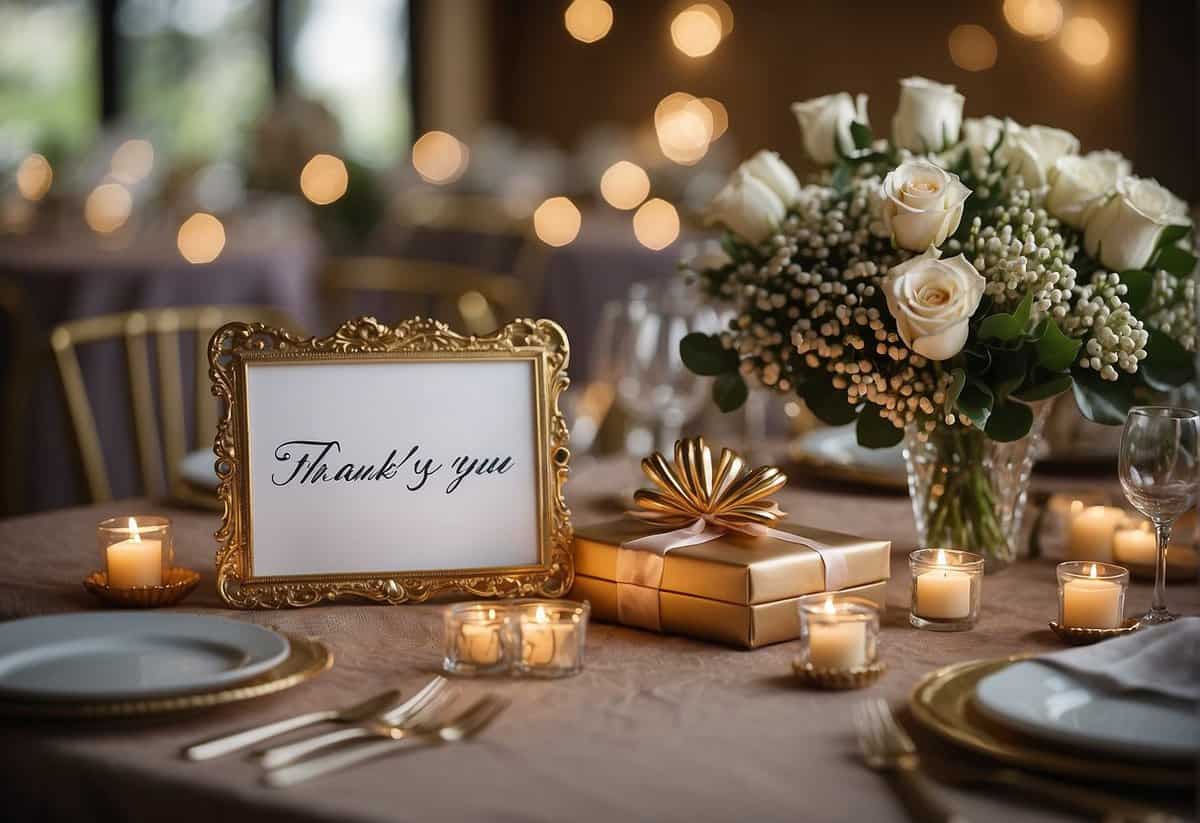 Gifts arranged neatly on a table with a sign indicating "Thank you for celebrating with us" at a wedding reception