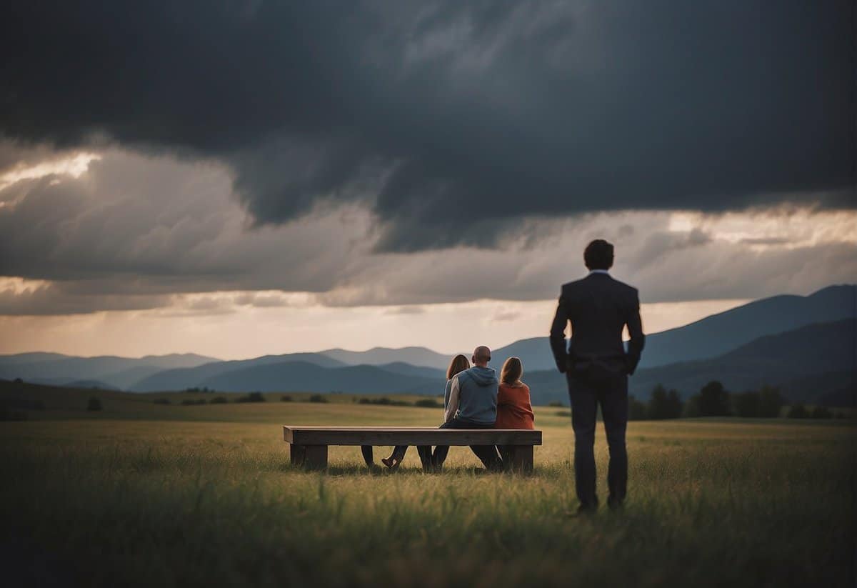 Lonely figure surrounded by happy couples, looking wistful. Empty wedding ring box in foreground. Symbolic dark cloud overhead