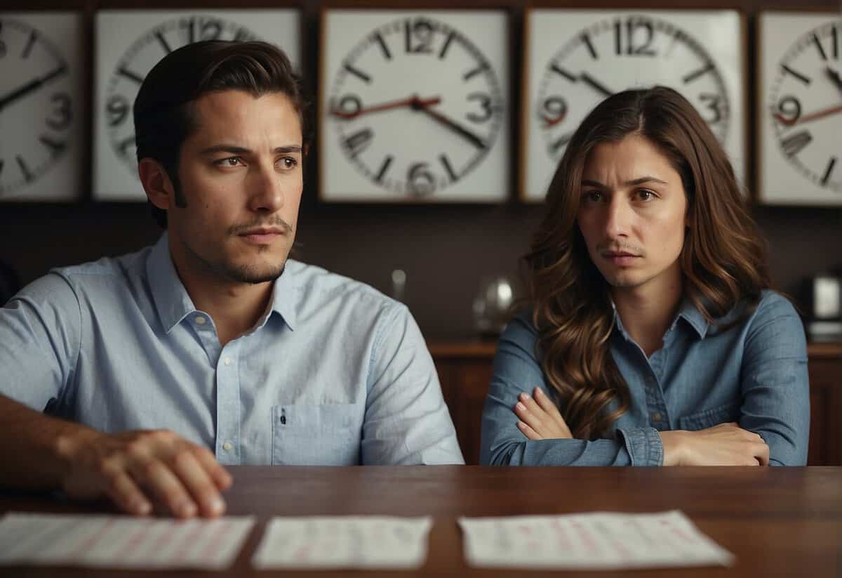 A couple sitting apart with sad expressions, surrounded by ticking clocks and calendars