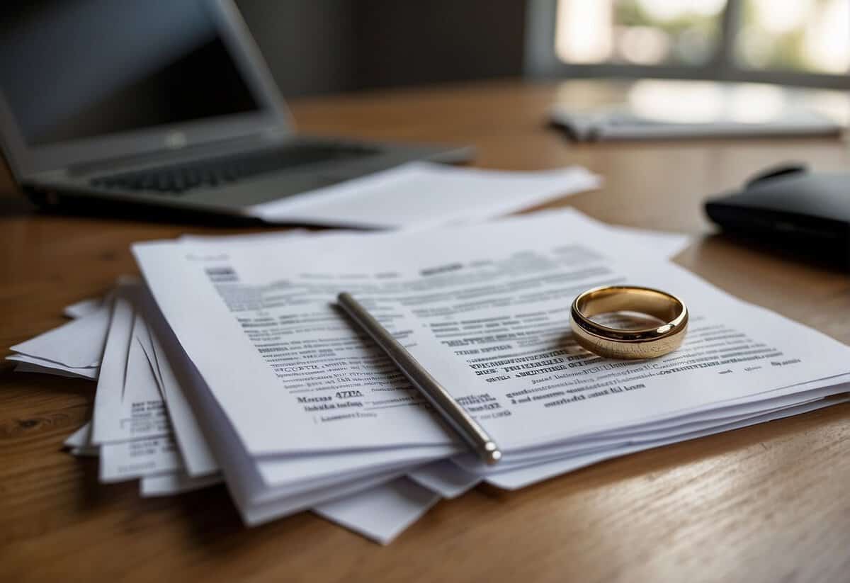 A pile of legal documents and financial statements scattered on a table, with a wedding ring left abandoned in the middle