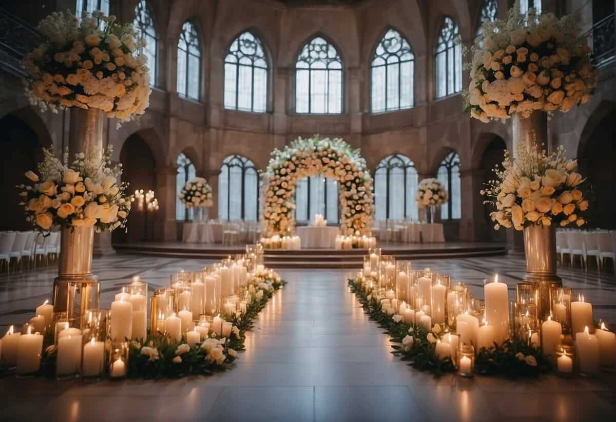 A grand wedding altar adorned with flowers and candles, surrounded by joyful guests in elegant attire