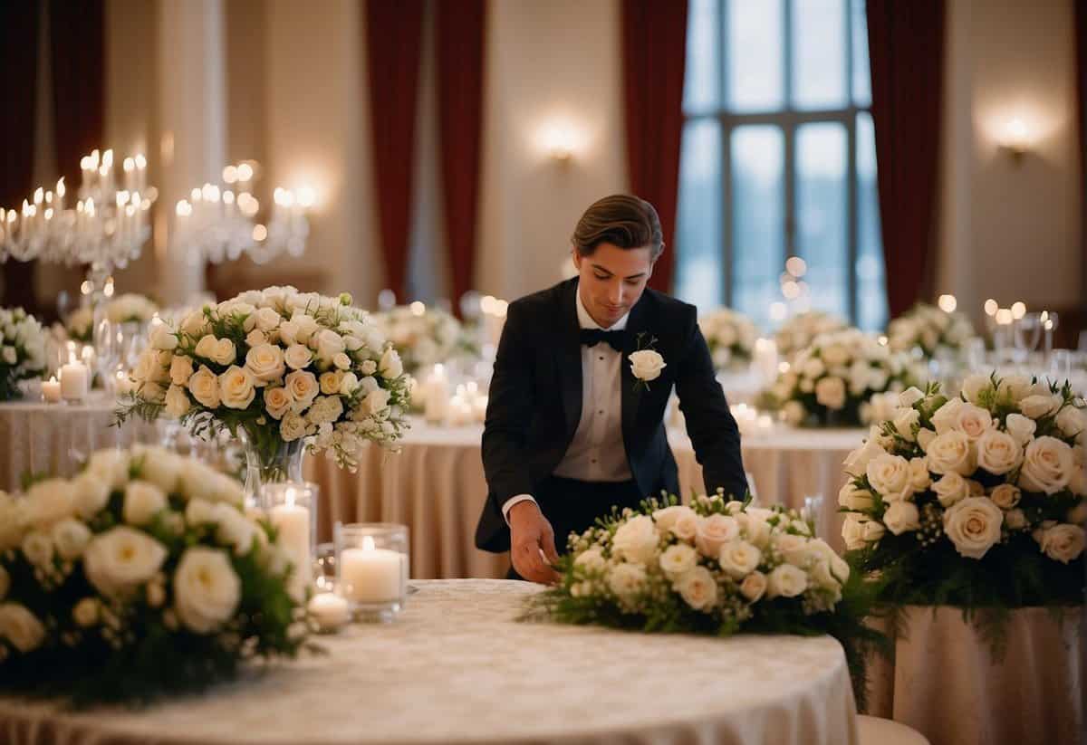 A wedding planner arranging flowers, seating, and decorations in a grand ballroom
