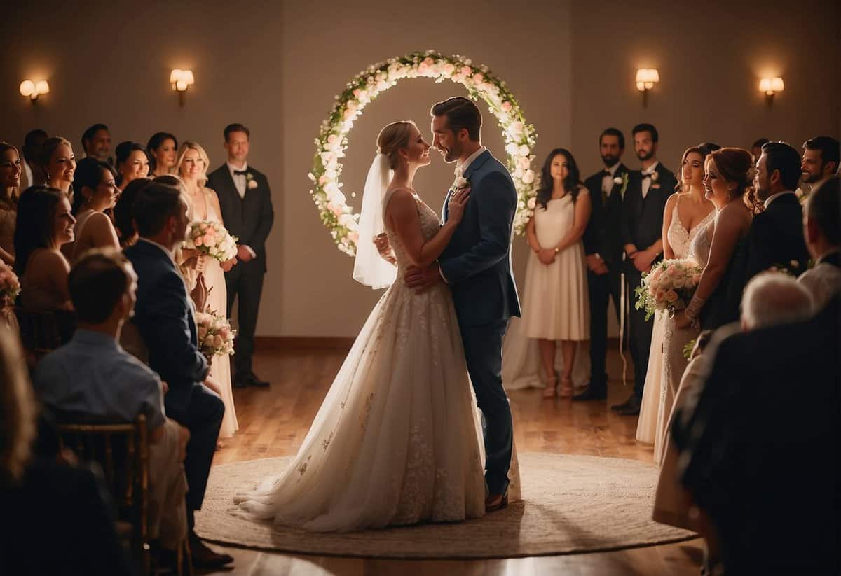 A bride and groom stand facing each other, surrounded by a circle of loved ones. Their emotions are palpable as they navigate the weight of expectations on their wedding day
