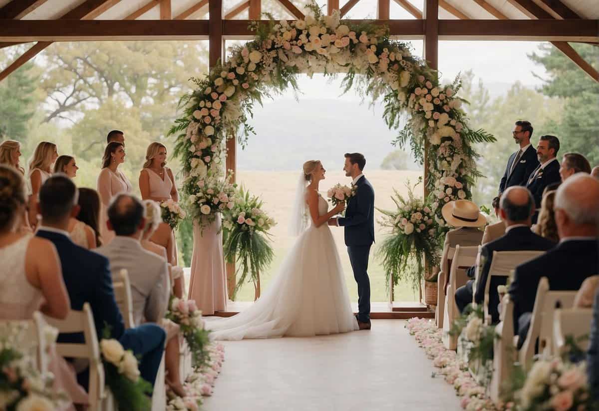 A wedding scene with a bride and groom exchanging vows at the altar, surrounded by family and friends, with flowers, decorations, and a joyful atmosphere