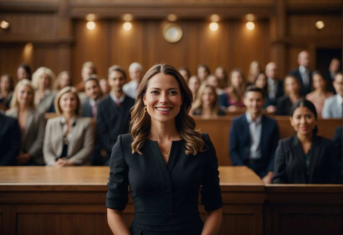 A woman standing confidently in front of a courtroom, surrounded by supportive friends and family, as she celebrates a landmark legal victory for women's rights