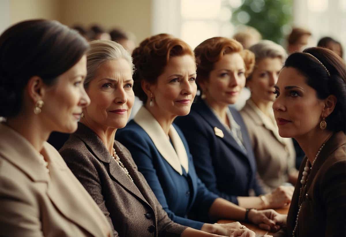 A group of influential women from history gather in a symbolic meeting, representing their impact on the world