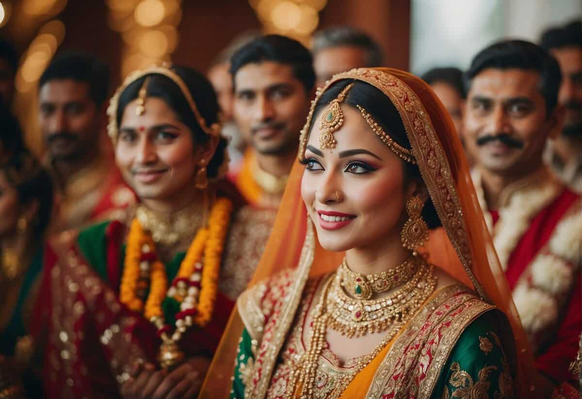 A bride's wedding day, surrounded by family and friends, adorned in traditional attire, with symbolic rituals and ceremonies