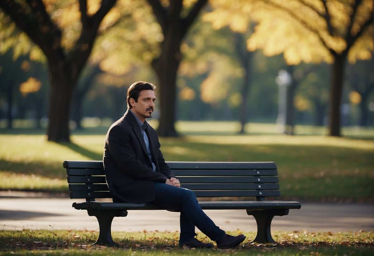 A person sitting alone on a park bench, looking contemplative with a questioning expression