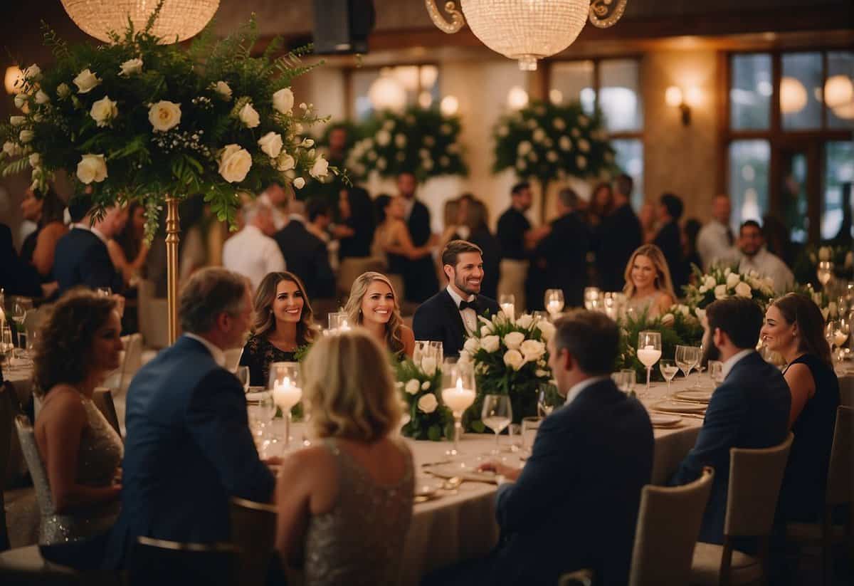 Guests mingle at a pre-wedding rehearsal dinner. Tables are set with elegant place settings and floral centerpieces. A live band plays soft music in the background