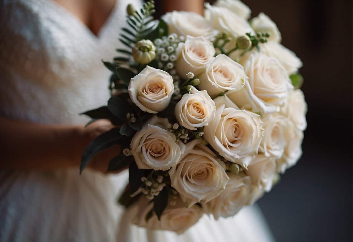 A bride's bouquet sits center stage, overshadowing the groom's boutonniere