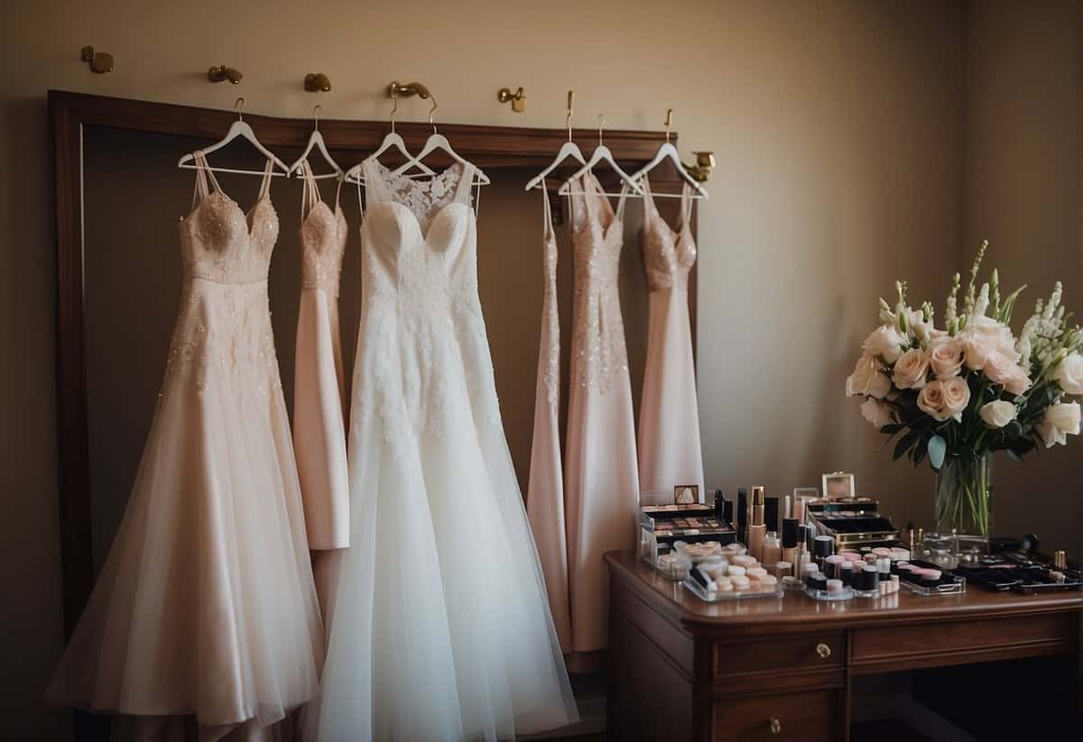 The bride's wedding dress hangs on a hanger, surrounded by makeup, flowers, and jewelry. Bridesmaids chat and giggle as they help prepare for the big day