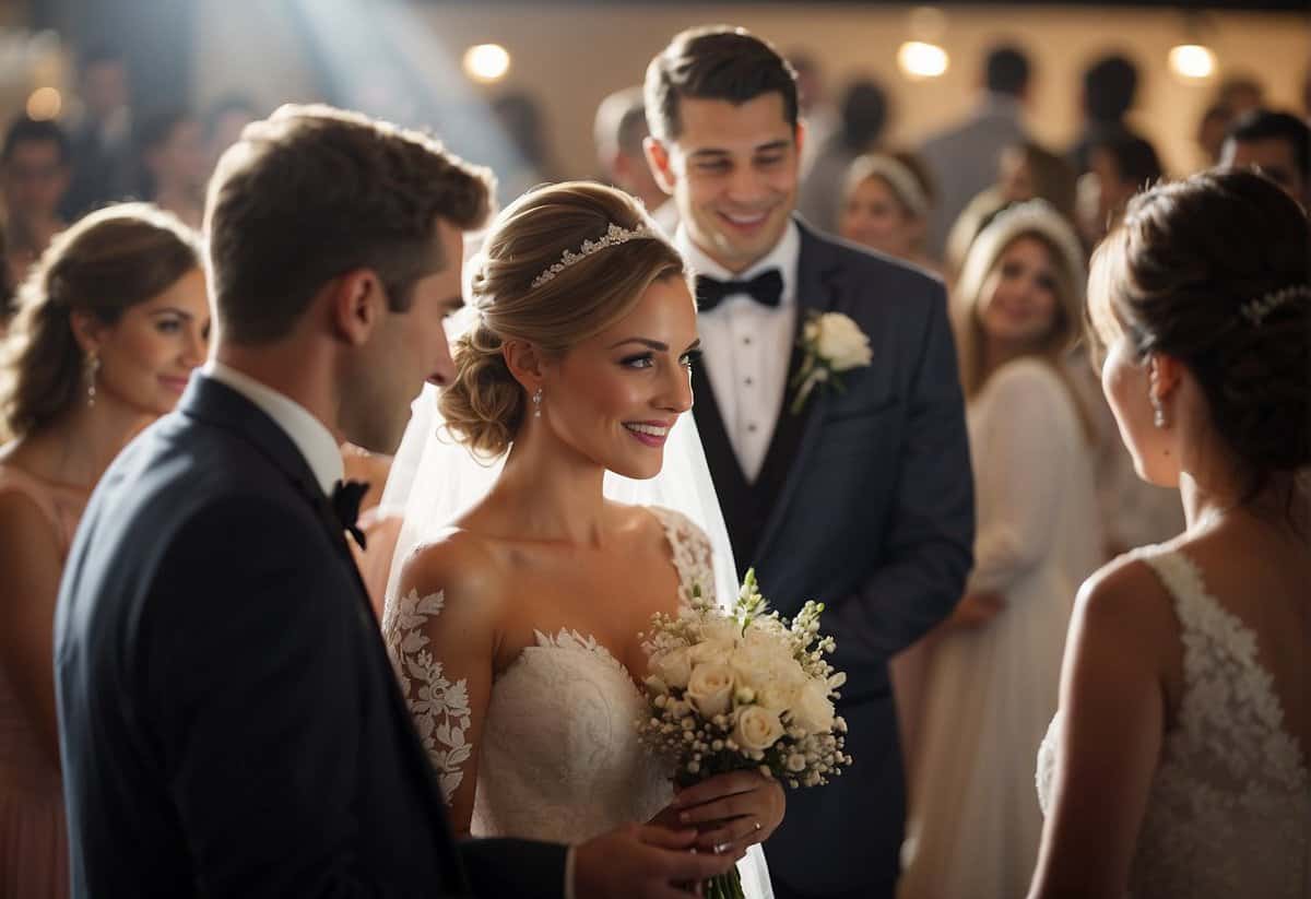 A wedding scene with a spotlight on the bride, surrounded by guests looking at her expectantly
