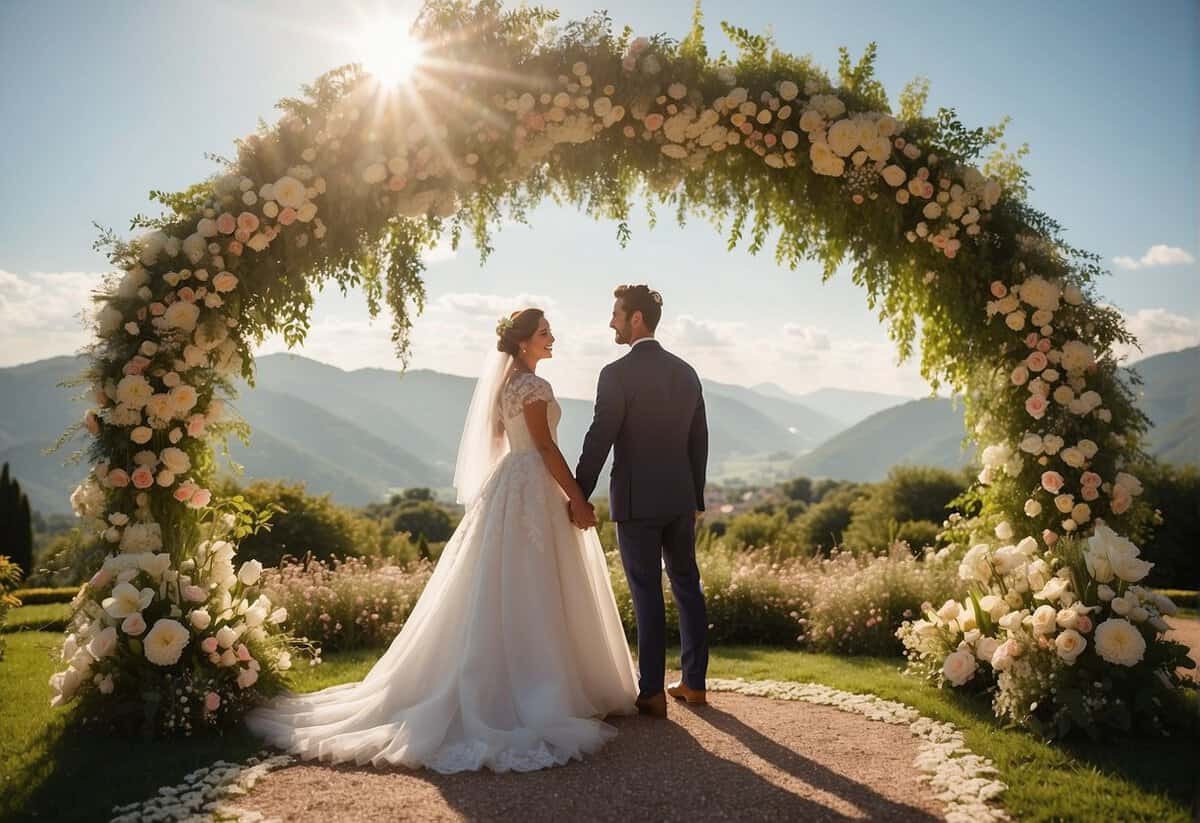 A bride and groom stand under a floral arch, surrounded by family and friends. The sun shines down on the joyful celebration, symbolizing the union of two lives