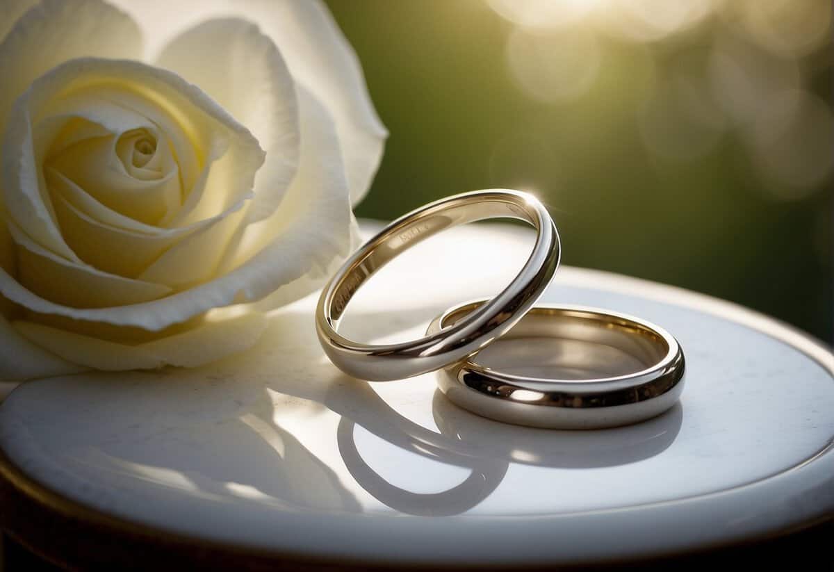 A wedding ring placed on a pedestal, symbolizing the commitment and unity of marriage. A contract with the words "Roles and Commitments in Marriage" displayed prominently