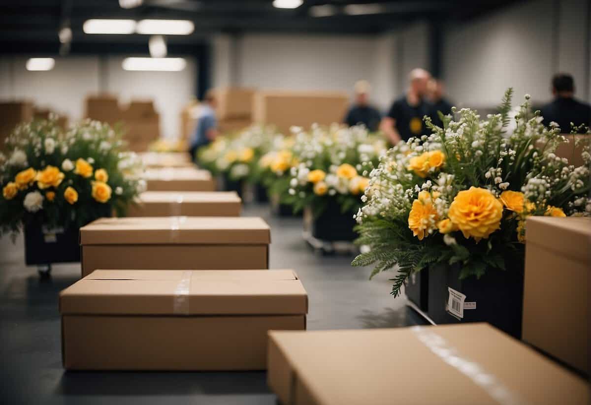 Boxes of decorations and flowers line the room, while a team of workers set up tables and chairs. The air is filled with excitement and anticipation for the upcoming celebration