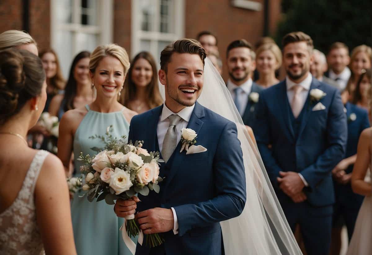 Grooms tear up as they see the bride, surrounded by supportive family and friends. Emotions overwhelm him as he realizes the significance of the moment