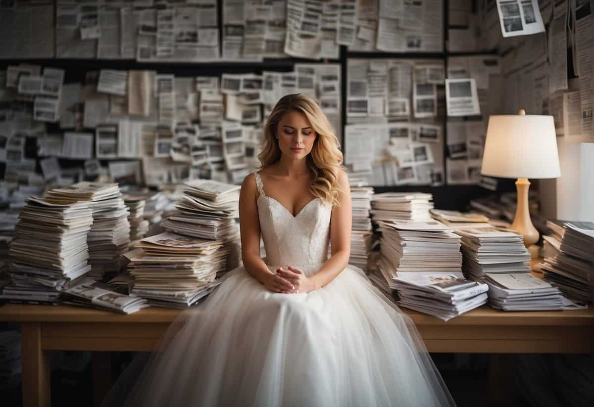 A bride sits at a desk covered in wedding magazines and spreadsheets, surrounded by swatches and samples. She is deep in thought, pen in hand, as she plans every detail of her upcoming wedding