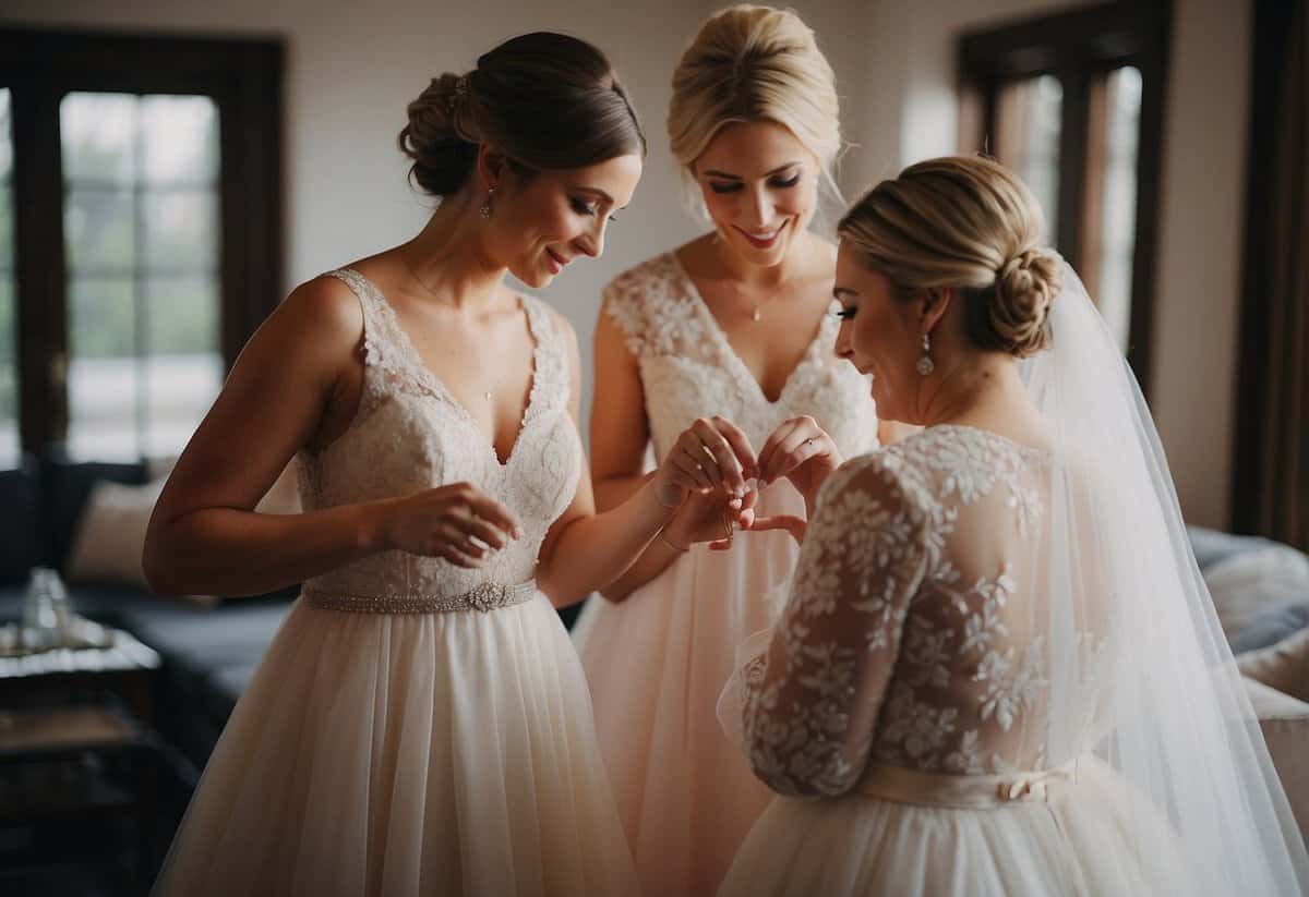 The bride helps her bridesmaids with their dresses and accessories
