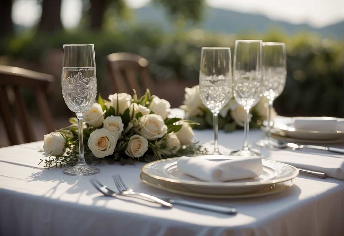 A table set for a wedding ceremony with two empty chairs and a marriage certificate ready to be signed