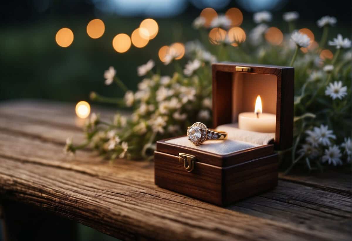 A ring box sits open on a rustic wooden table, surrounded by flickering candlelight and a bouquet of wildflowers