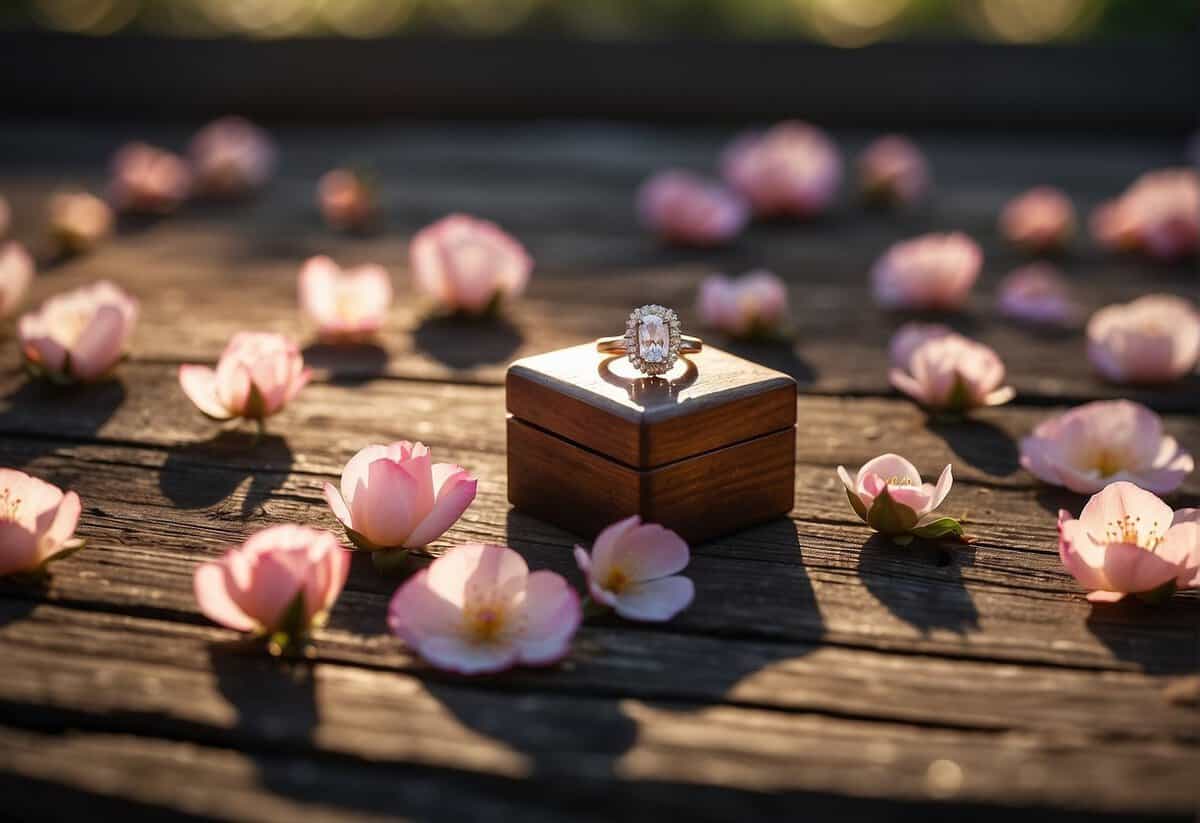 A ring box sits open on a rustic wooden table, with a single diamond ring glistening inside. A trail of rose petals leads off into the distance