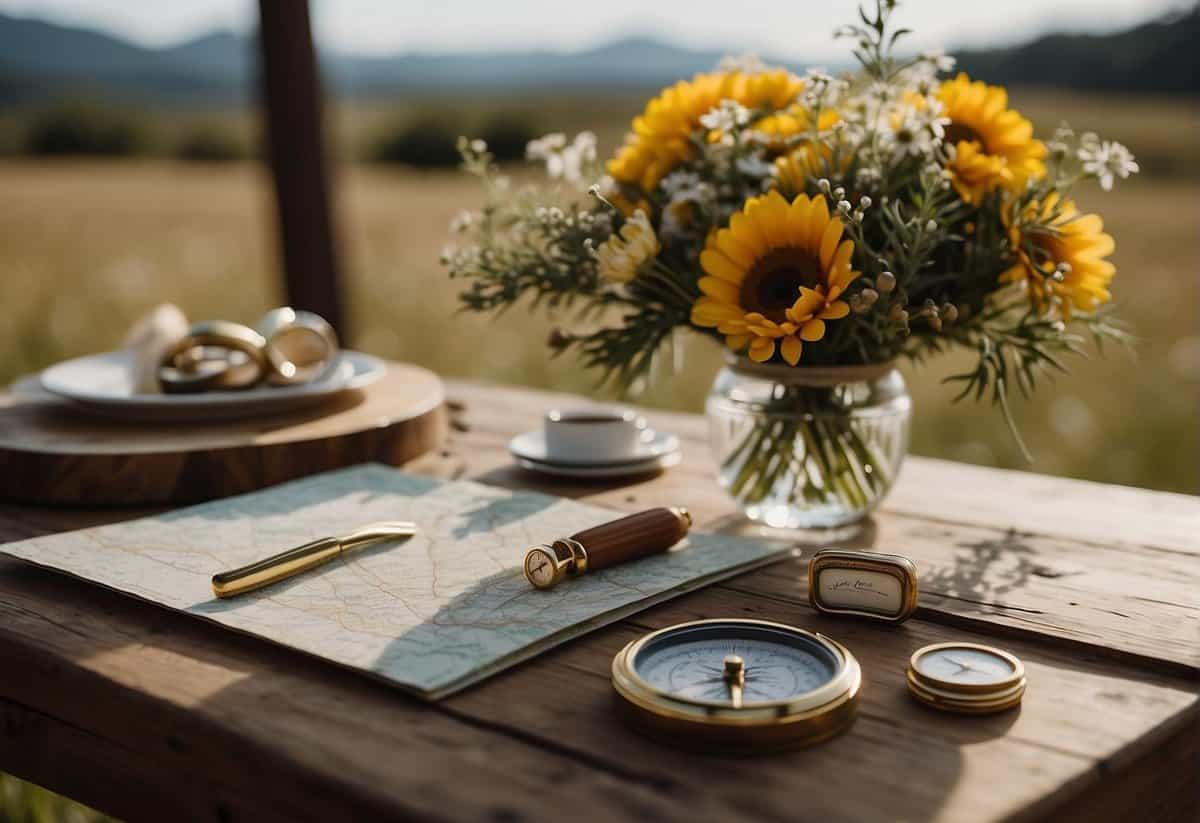 A table set with a map, compass, and wedding bands. A bouquet of wildflowers and a handwritten note with "Pre-Elopement Essentials" written on it