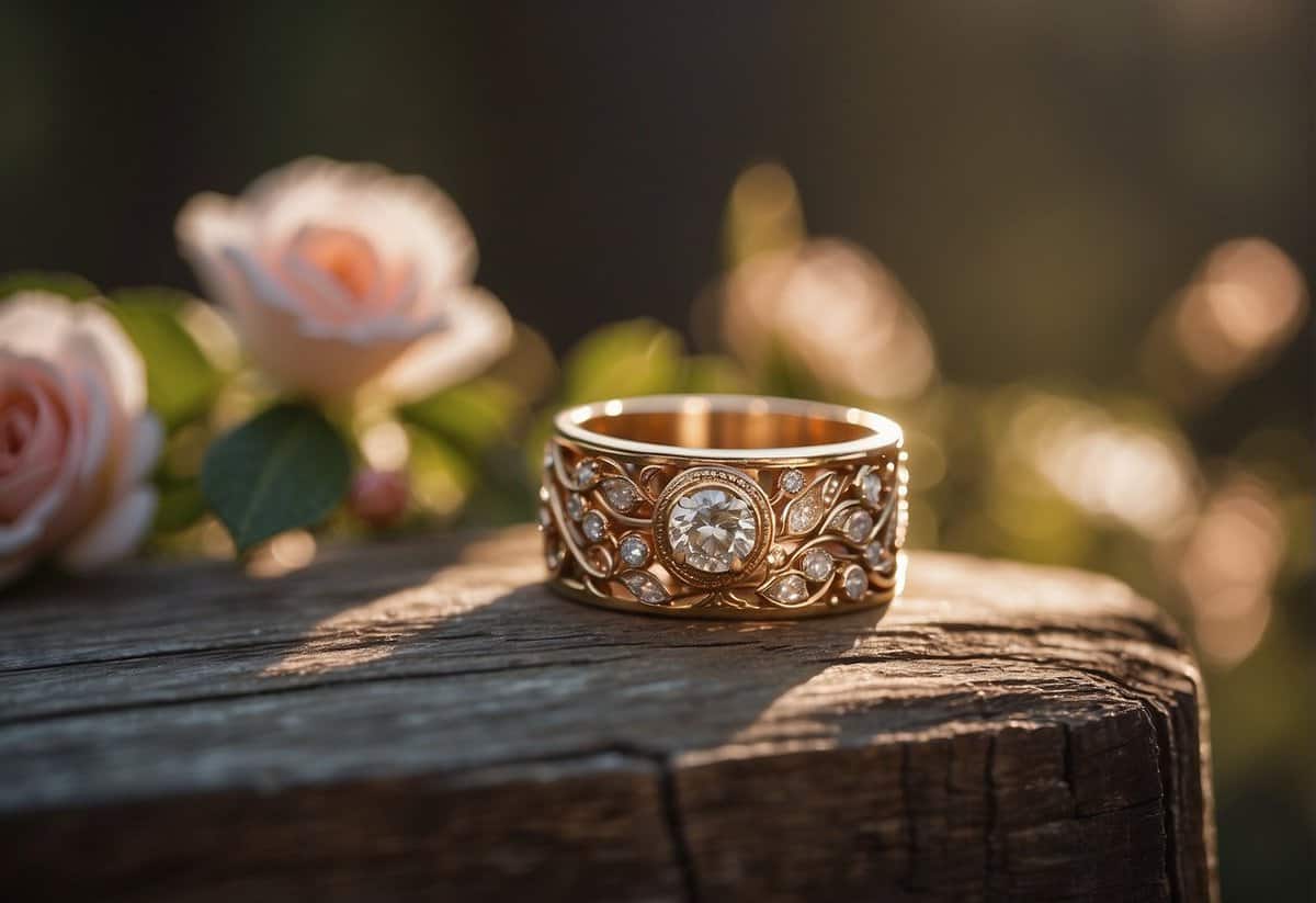 A ring box sits open on a rustic wooden table, with a single diamond ring glistening in the soft light. A trail of rose petals leads off into the distance, hinting at a recent elopement