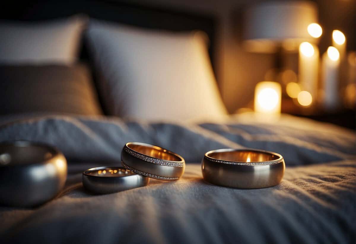 A cozy, candlelit bedroom with a freshly made bed and two wedding rings resting on the nightstand