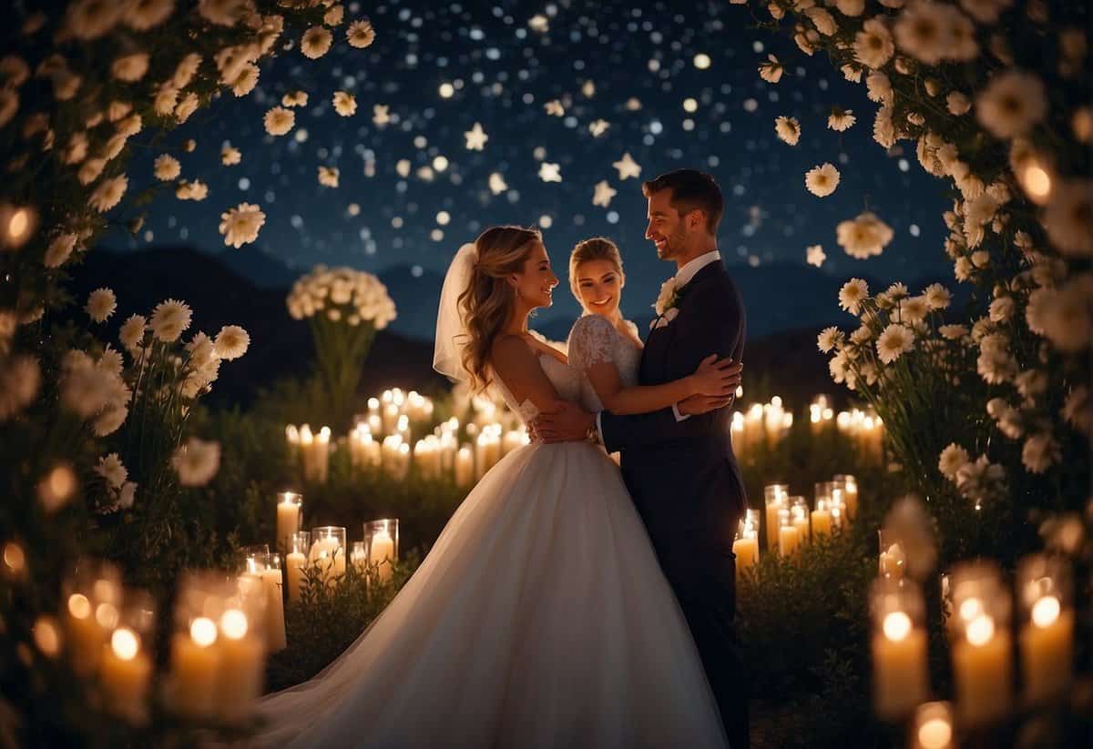 The newlyweds embrace under starry night, surrounded by candles and flowers