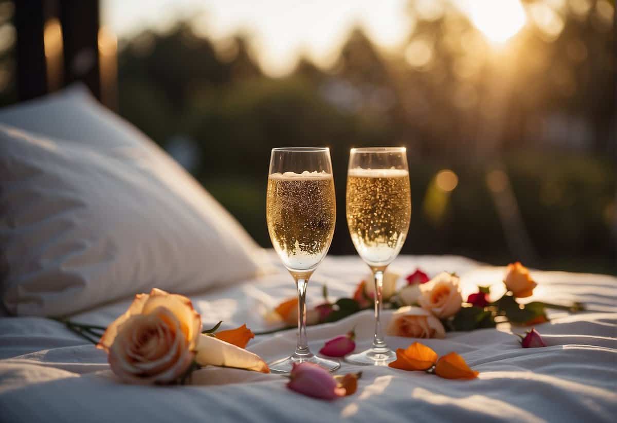 The sun rises over a messy bed, with a scattered wedding dress and tuxedo. Empty champagne glasses and scattered rose petals hint at a night of celebration and romance