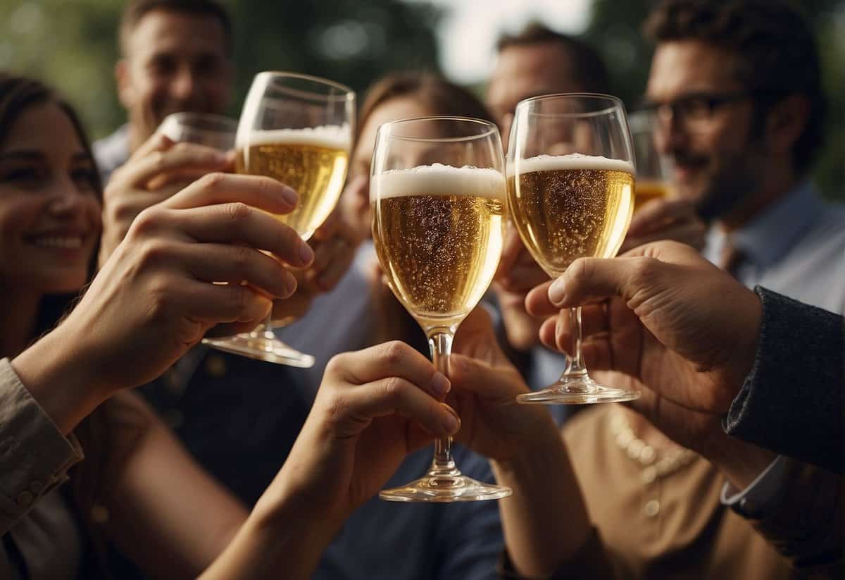 People raise their glasses in a toast, clinking them together in celebration