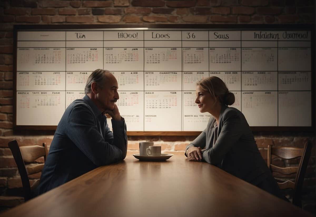 A couple sits at a table, discussing their second marriage. A calendar on the wall shows dates marked off, indicating the passage of time
