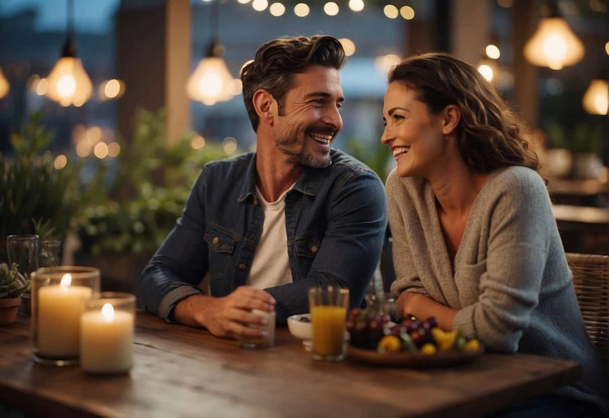 A couple sits at a cozy table, laughing and enjoying each other's company. A warm, loving atmosphere surrounds them, reflecting their strong and healthy relationship
