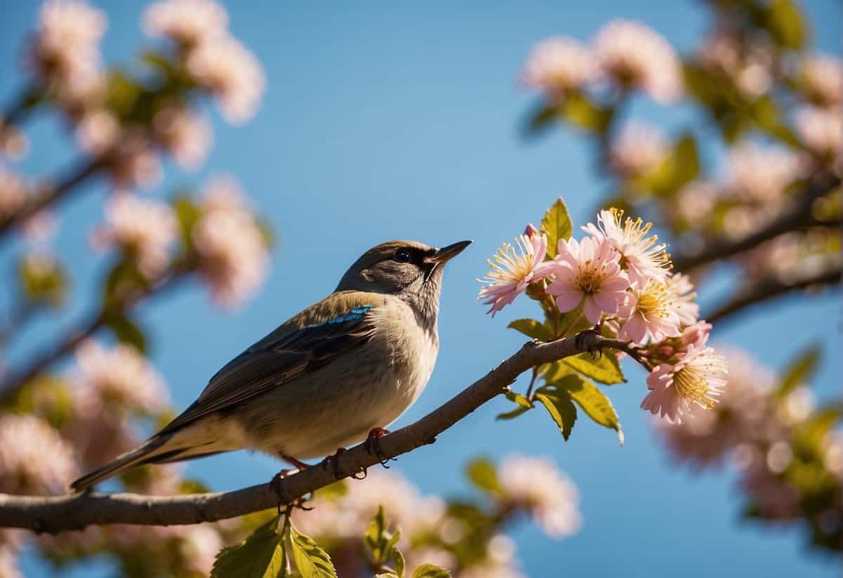 A sunny garden with colorful flowers, a clear blue sky, and a joyful songbird perched on a branch