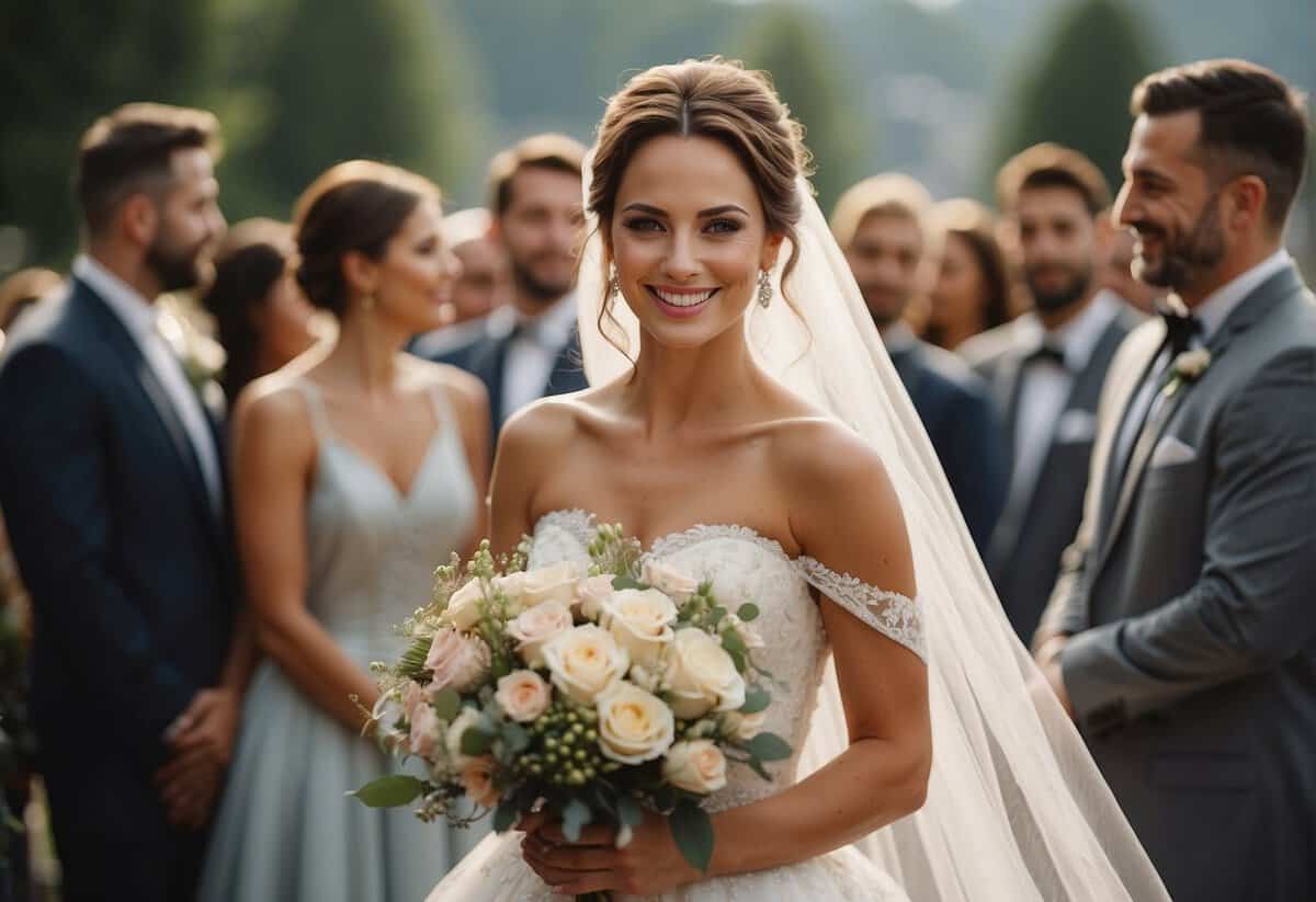 A smiling bride surrounded by loved ones, holding a bouquet, and wearing a beautiful gown