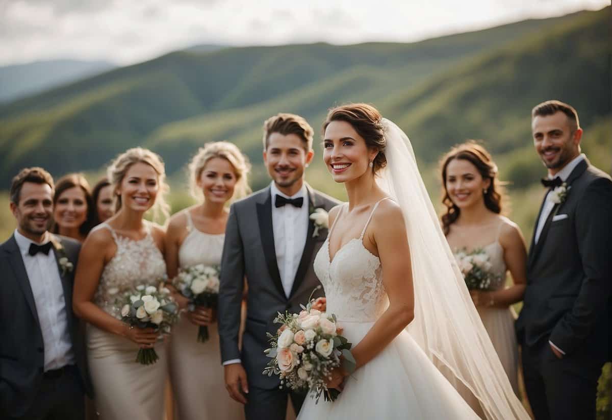 A smiling bride surrounded by loved ones and beautiful scenery