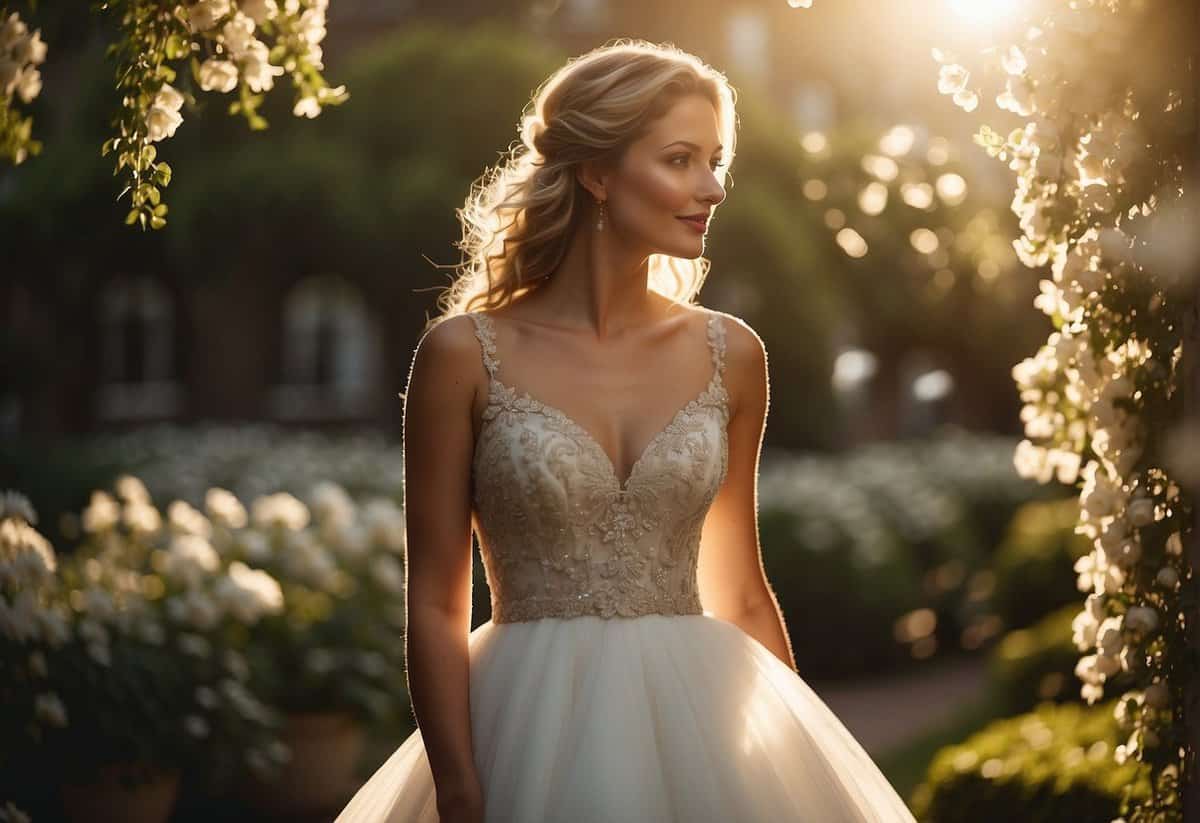 A radiant bride stands in a garden, surrounded by blooming flowers and a soft, golden light. Her gown billows in the gentle breeze, and a sense of joy and anticipation fills the air