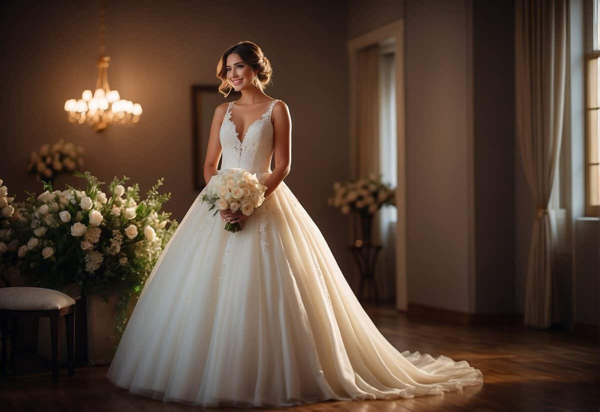 The bride's radiant smile lights up the room, her gown flowing with elegance. Flowers and soft lighting create a romantic atmosphere