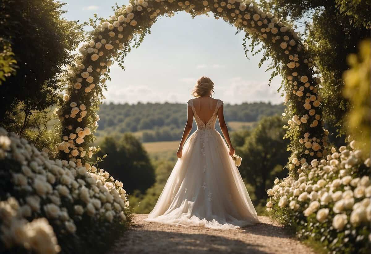 A bride's flowing gown billows in the wind as she walks down a flower-strewn path towards a rustic archway adorned with delicate lace and blooming roses
